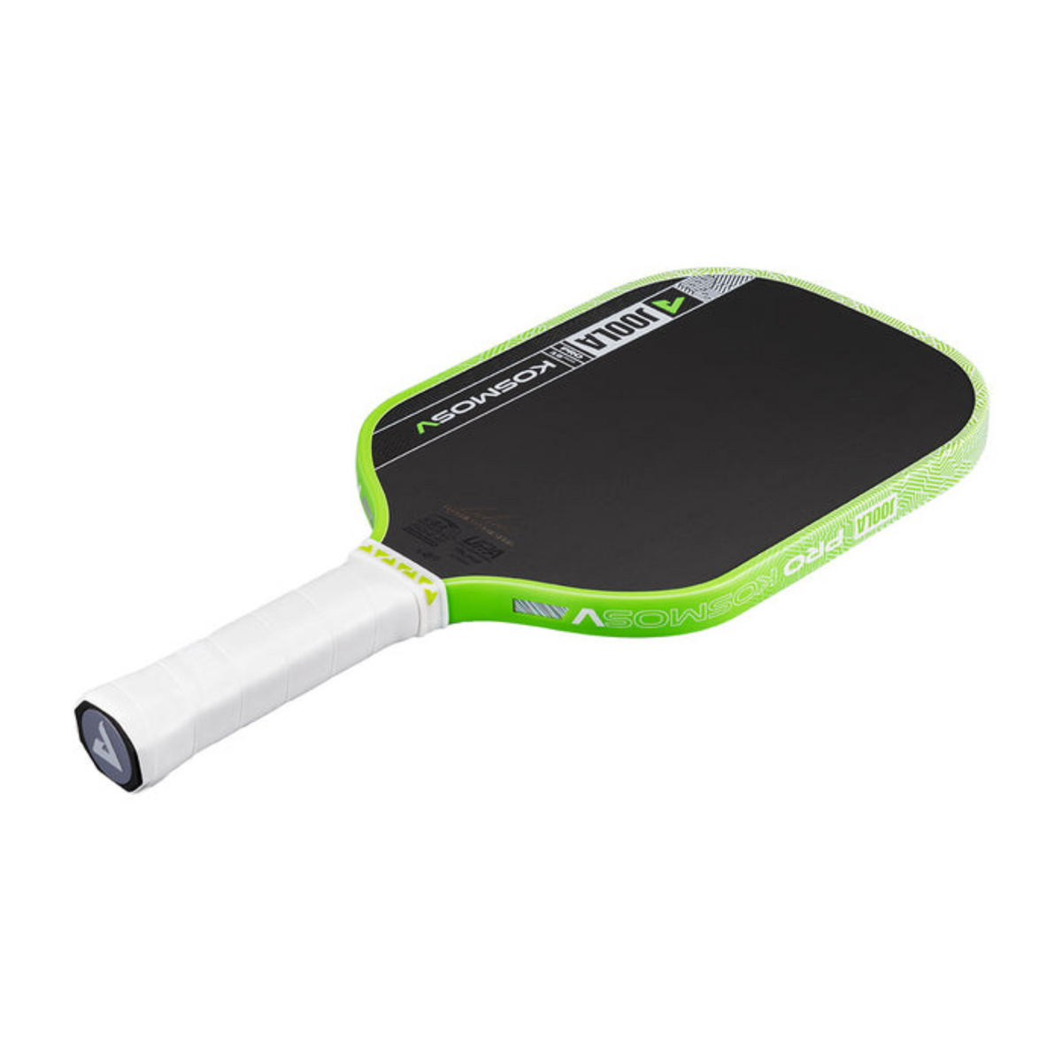 Pickleball paddle with green rim and white handle on a white background