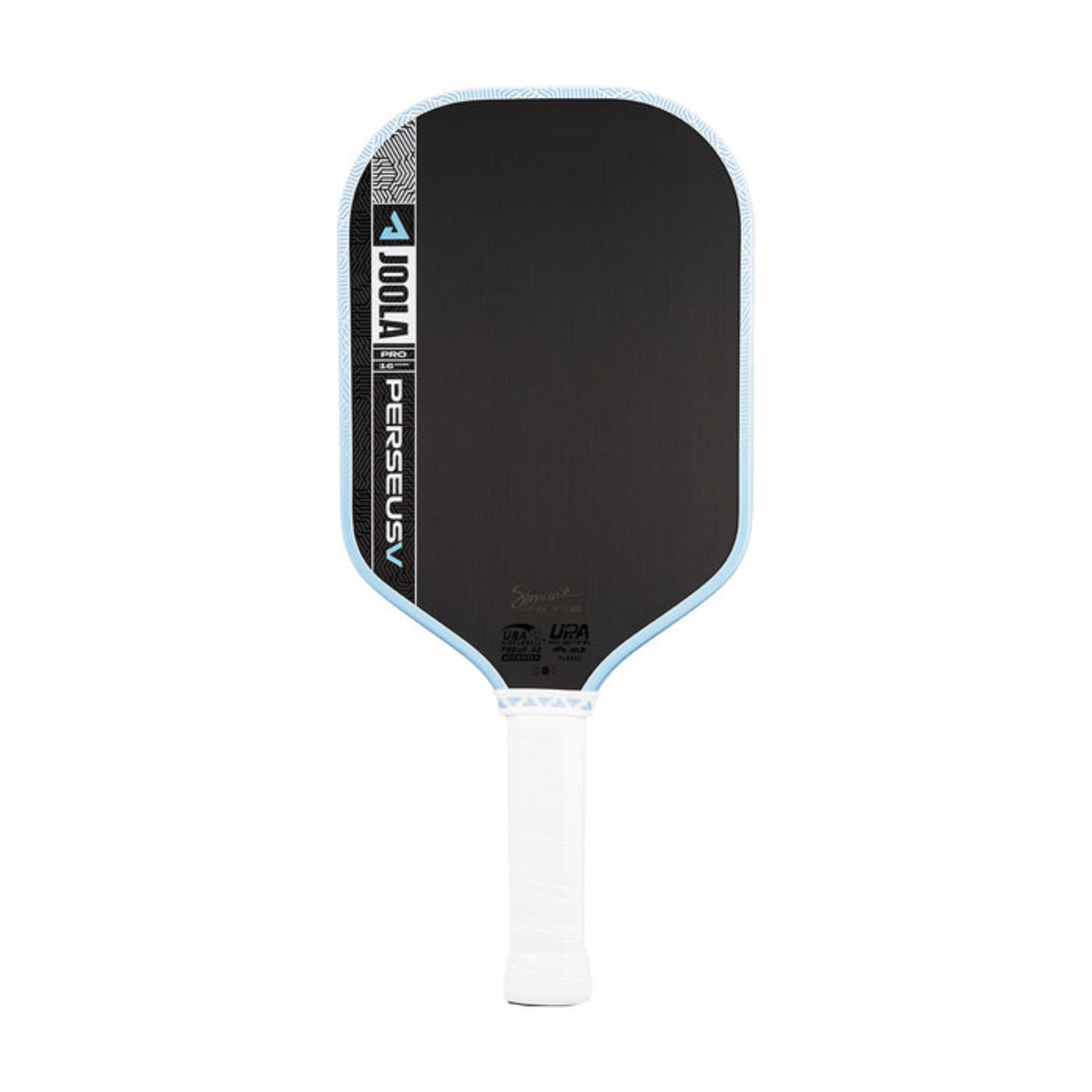 Pickleball paddle with black face and white handle on a white background