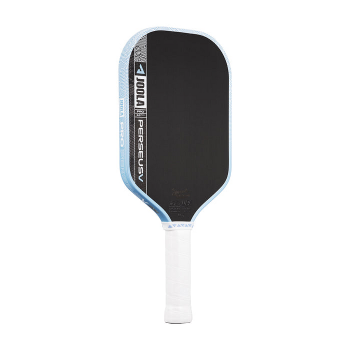 Pickleball paddle with black face and white handle on a white background