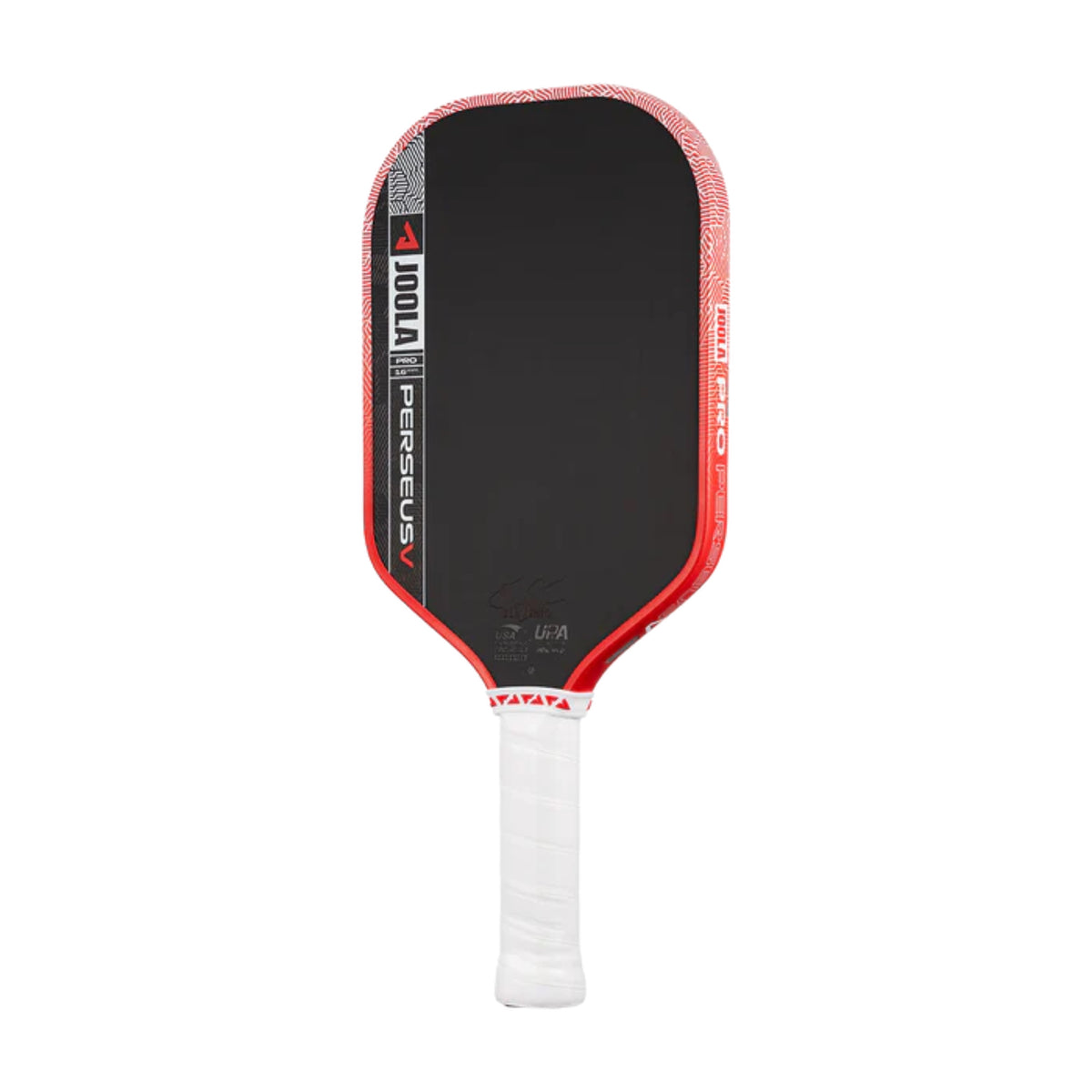 Pickleball paddle with black surface, red edges, and white handle on a white background
