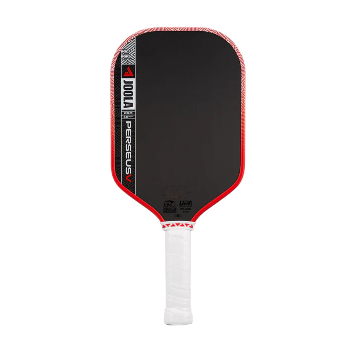 Pickleball paddle with black face, red edges, and white handle on a white background