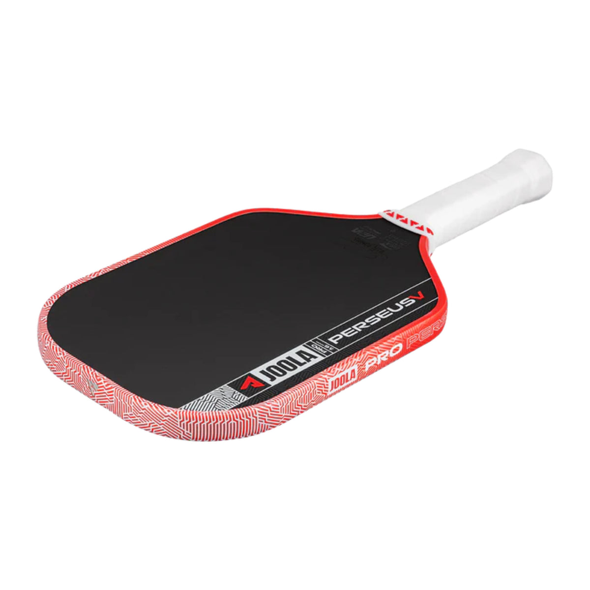 Pickleball paddle with red and black design on a white background