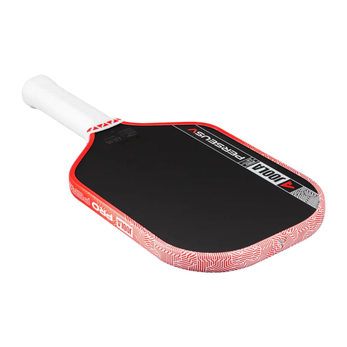 Red and black pickleball paddle with white handle on a white background