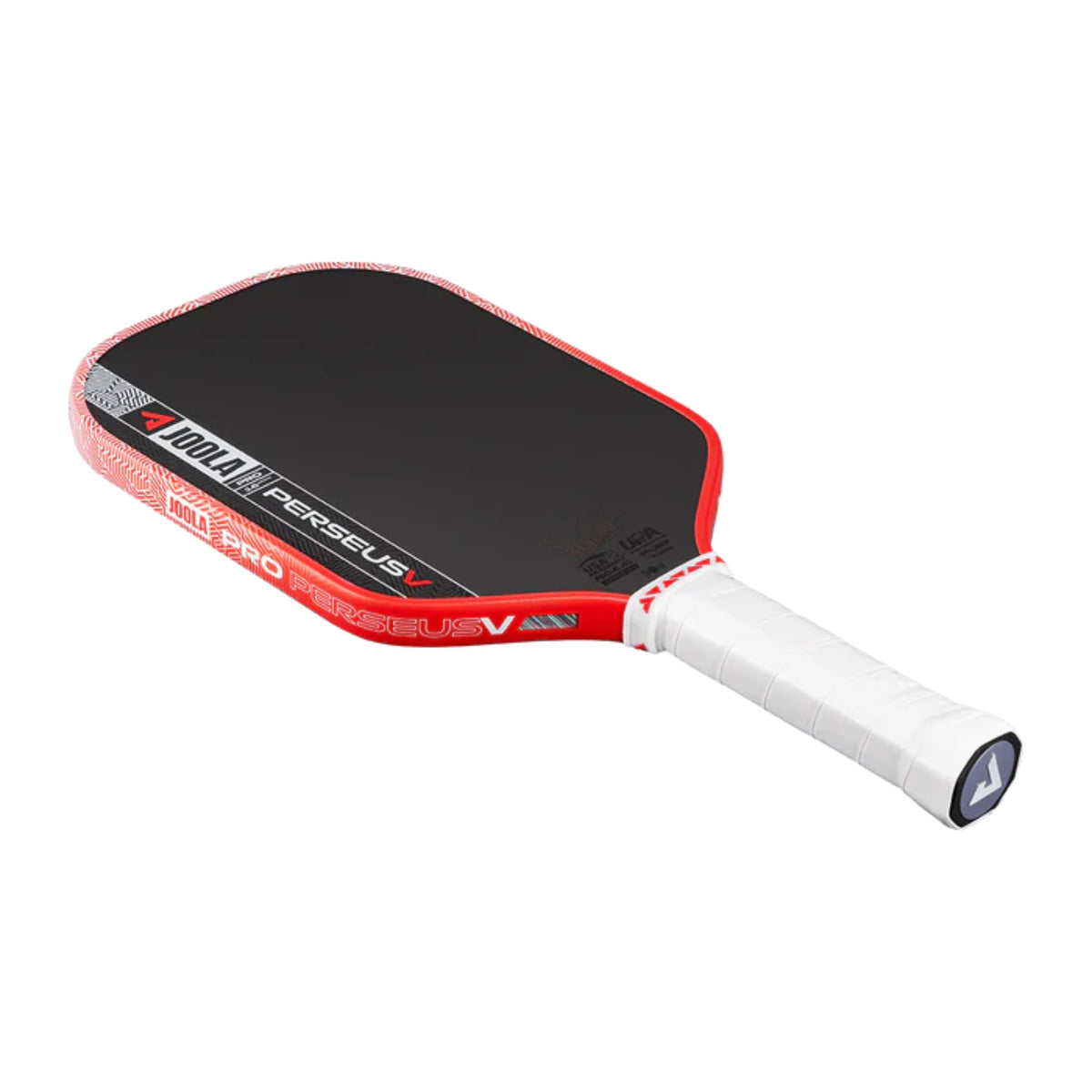 Pickleball paddle with red and black design on a white background