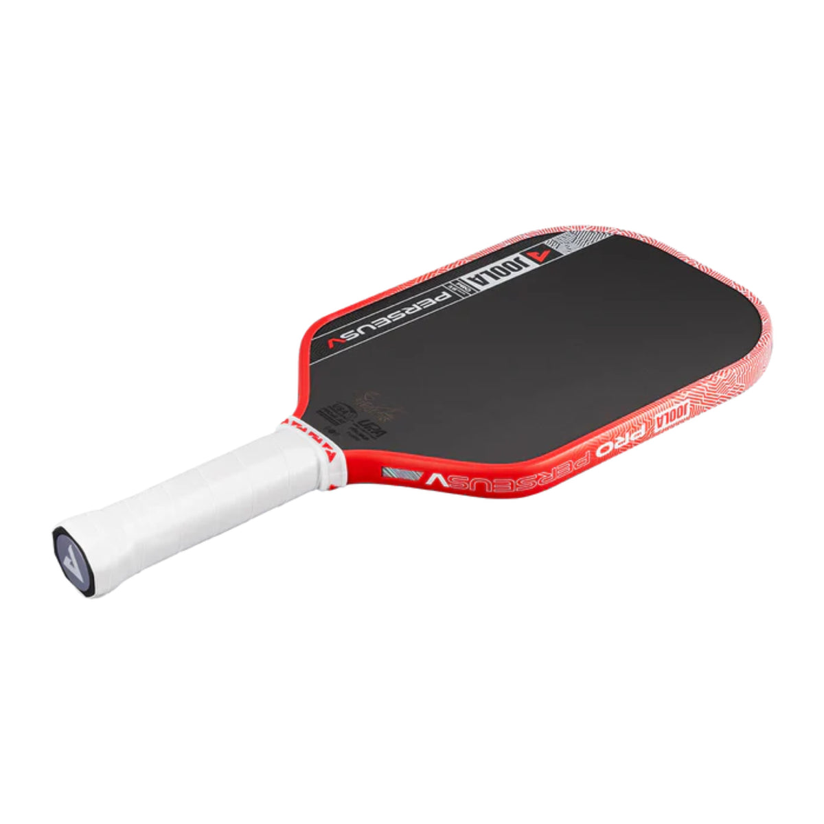 Red and black pickleball paddle on a white background