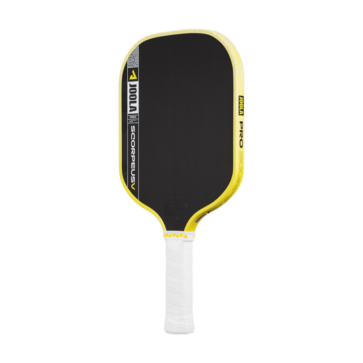 Pickleball paddle with black face, yellow rim, and white handle on a white background