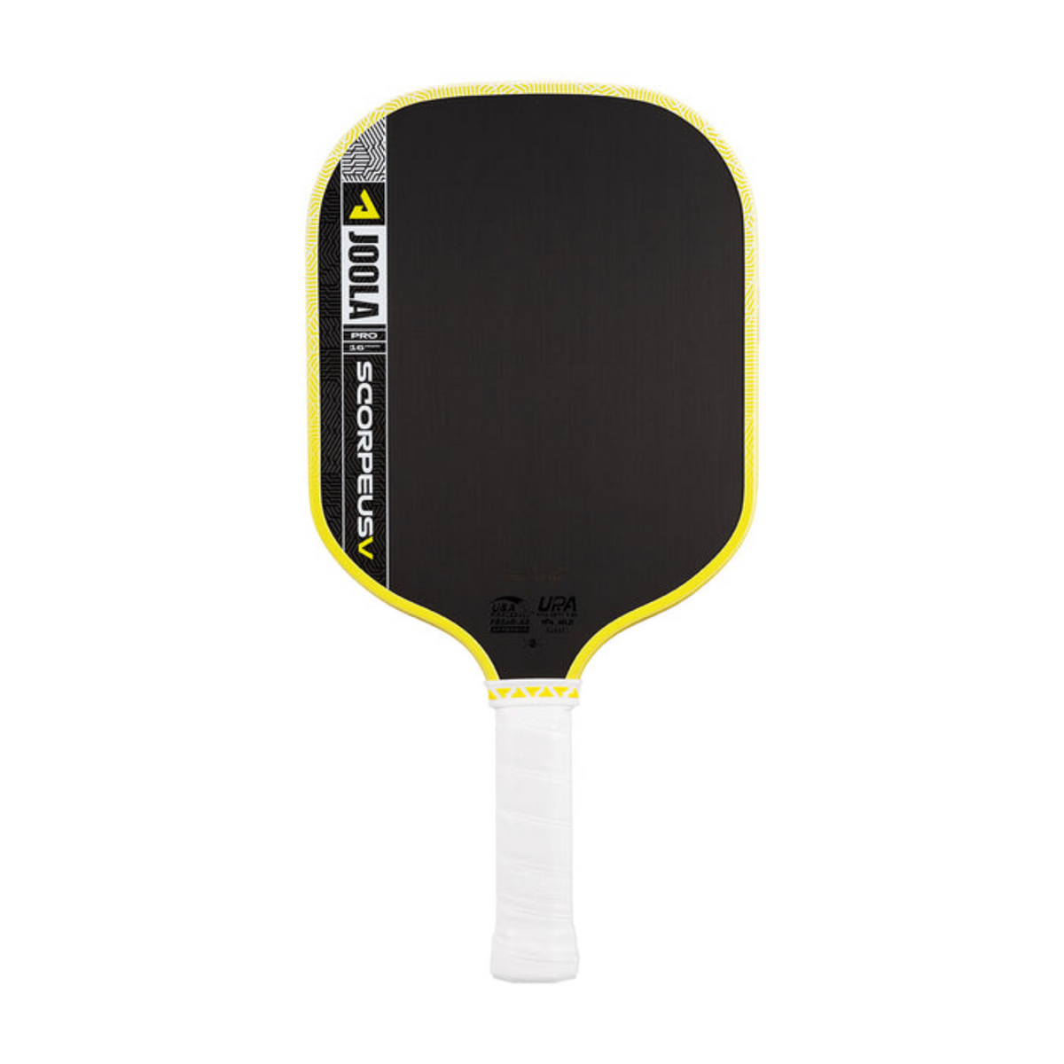 Black and yellow pickleball paddle with white handle on a white background