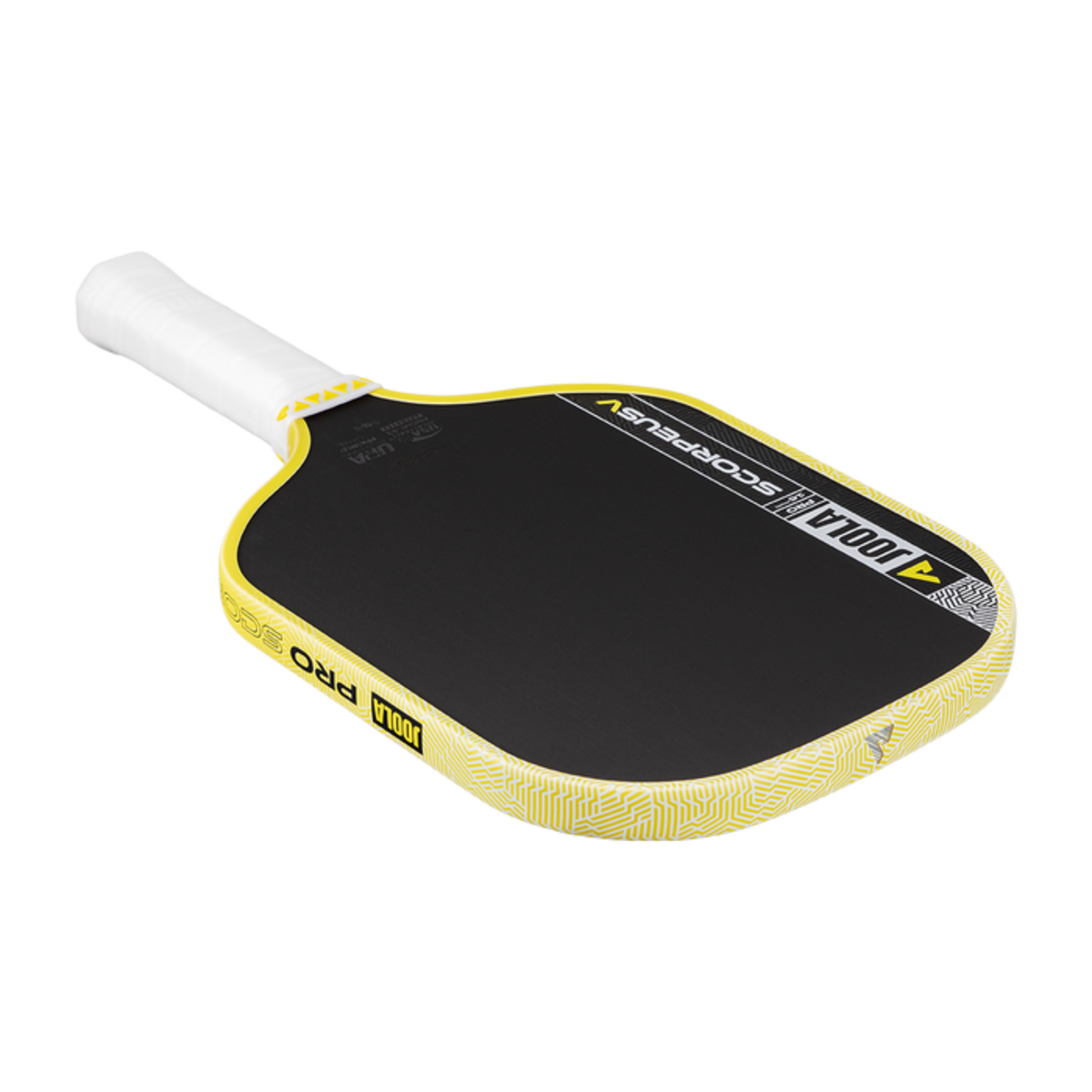 Black and yellow pickleball paddle with white handle on a black background