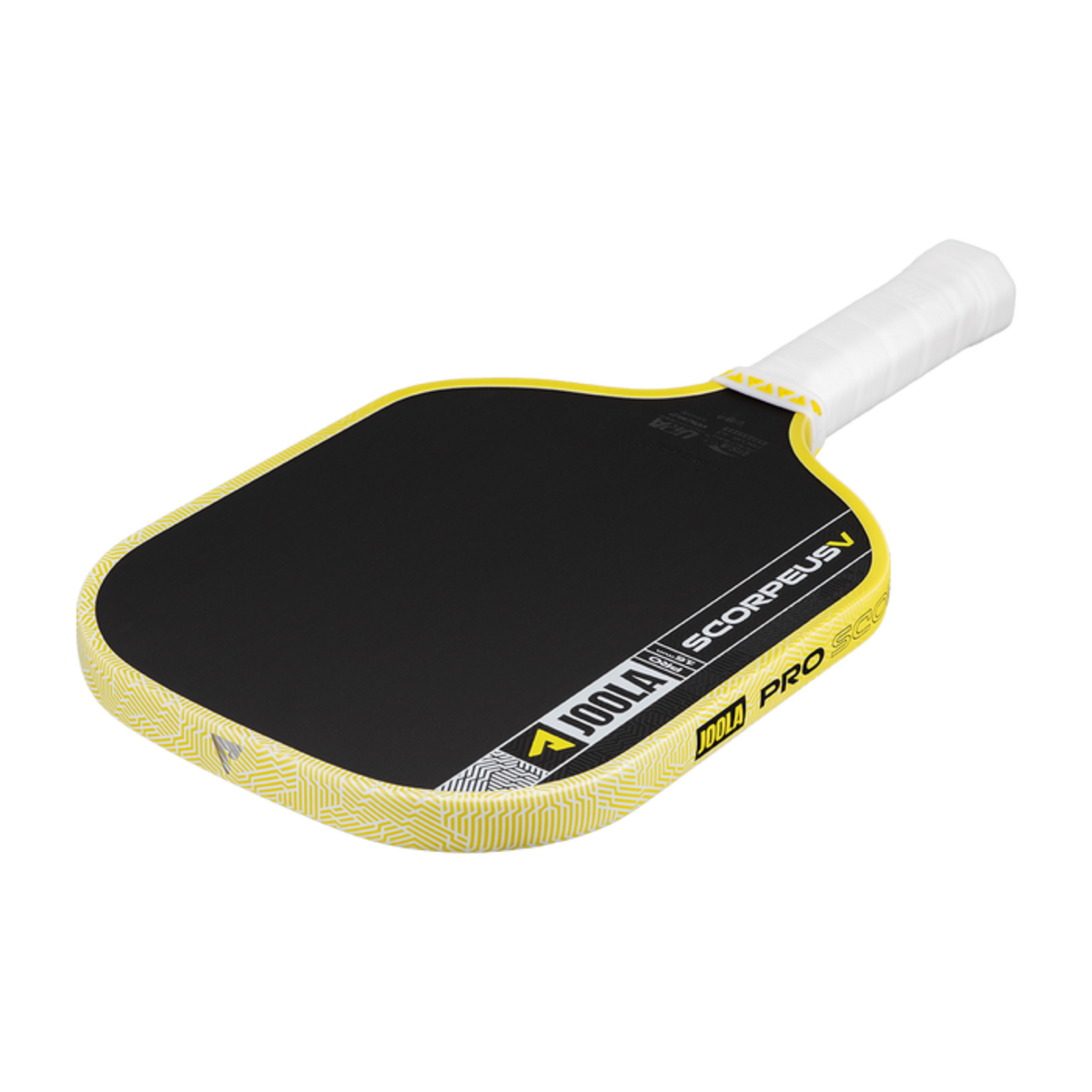 Pickleball paddle with black surface and yellow rim on a white background