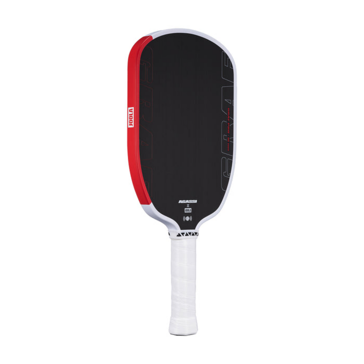 Pickleball paddle with black face, red edges, and white handle on a white background