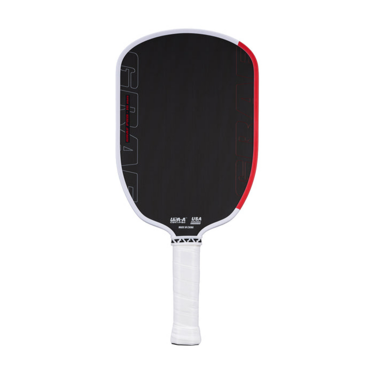 Pickleball paddle with black face and red edges on a white background