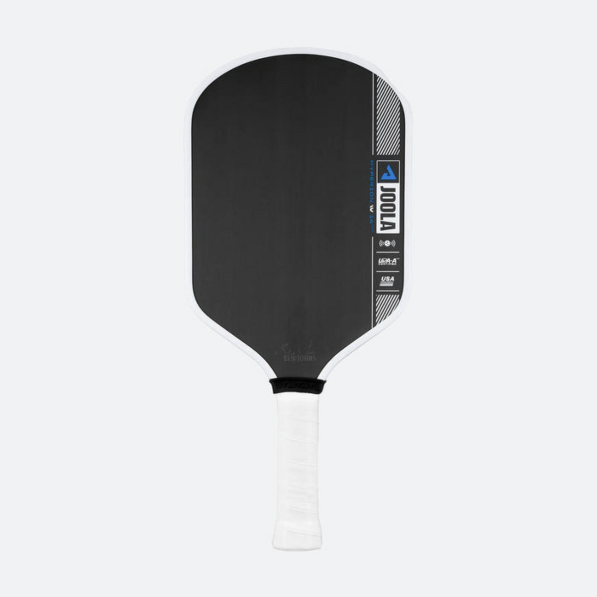 Black pickleball paddle with a white handle on a light gray background
