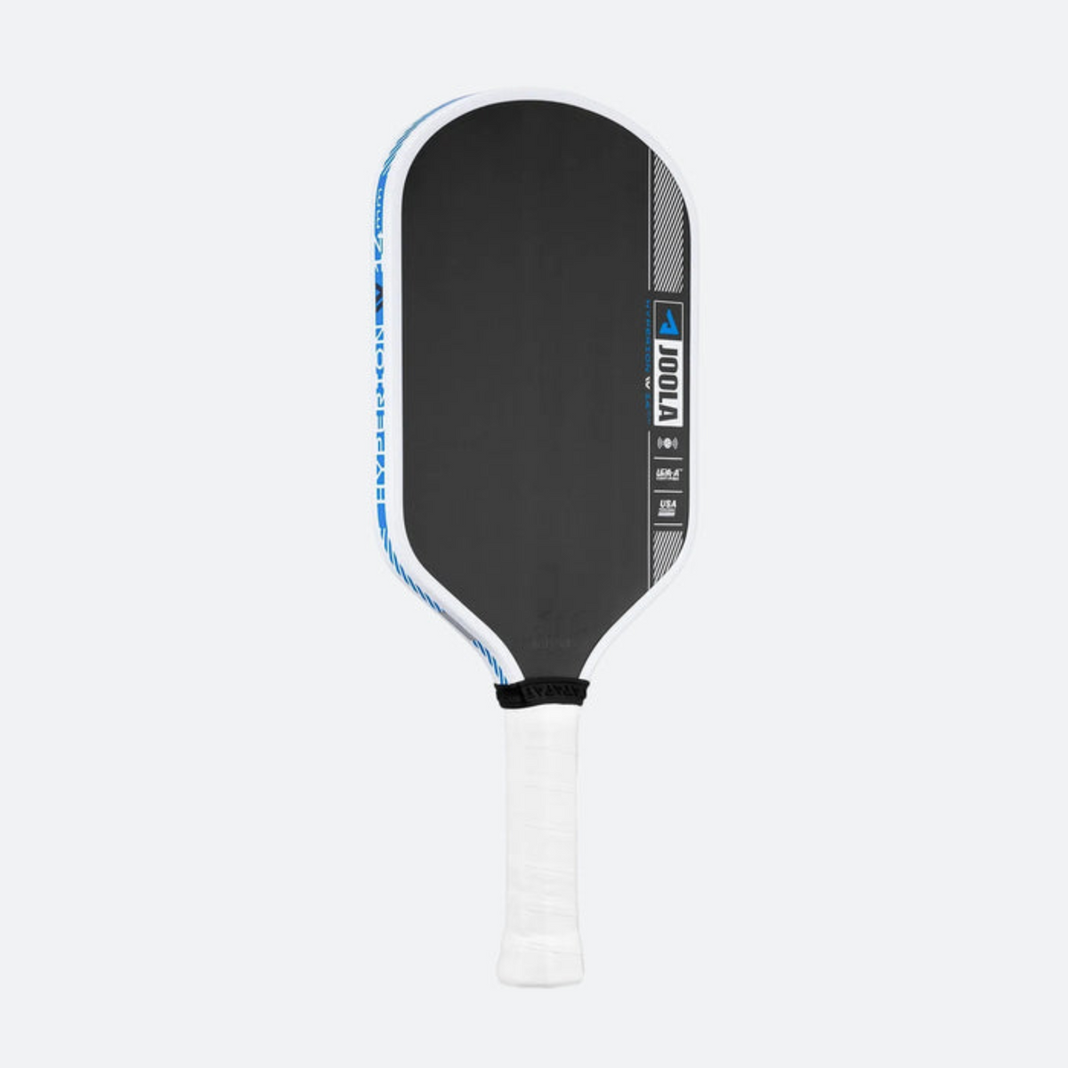 Black pickleball paddle with blue accents on a white background