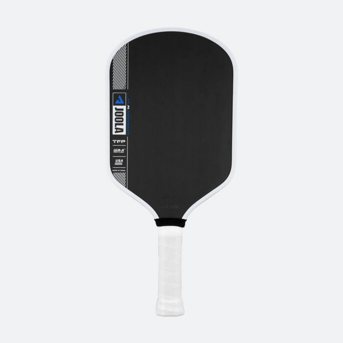Black pickleball paddle with white handle on a light gray background