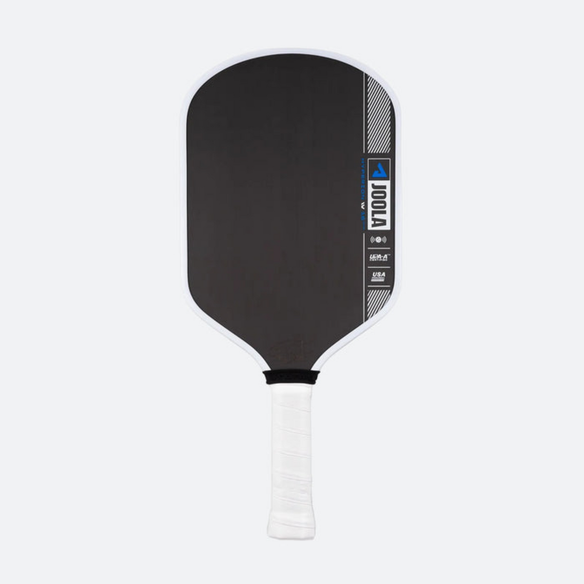 Black pickleball paddle with white handle on a white background