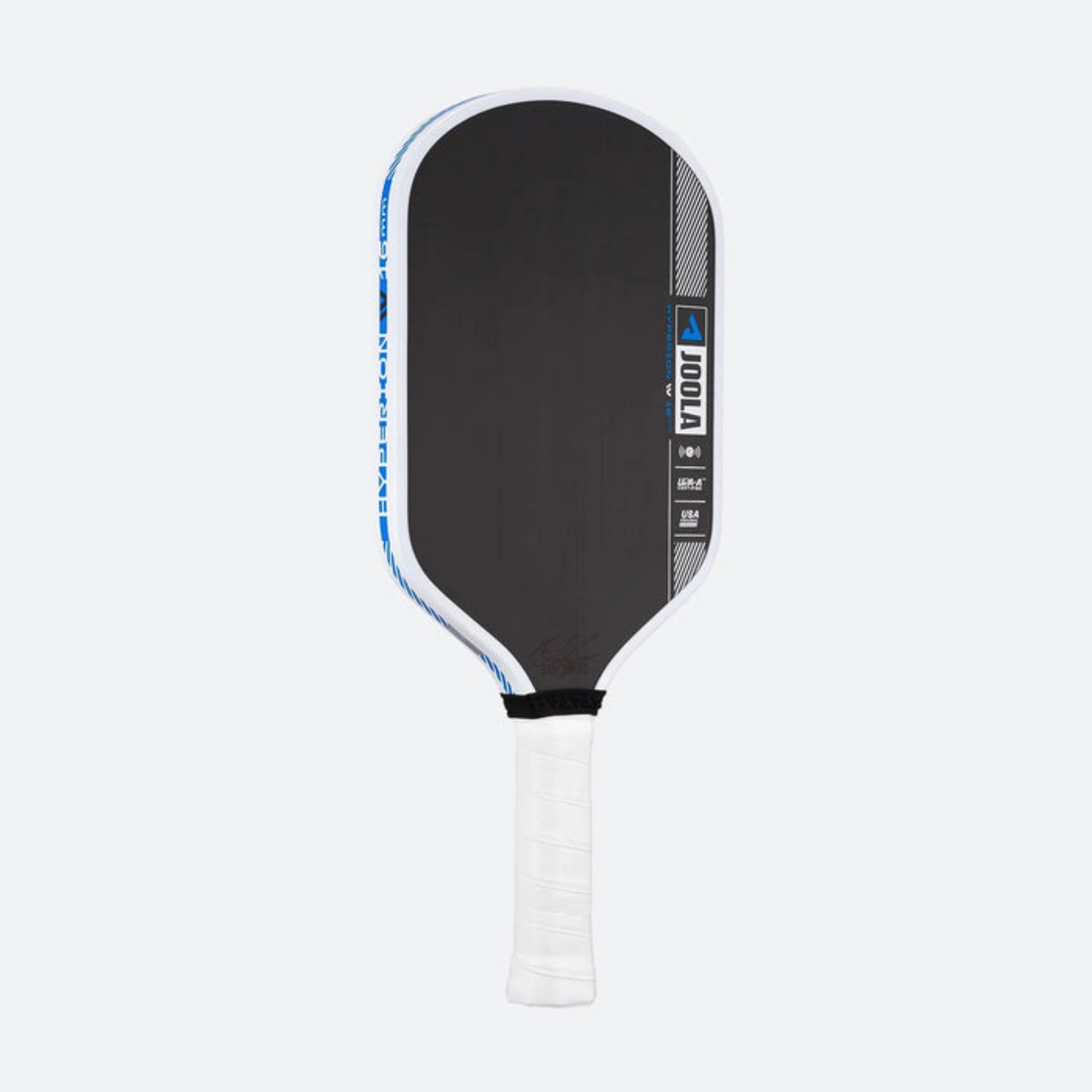 Pickleball paddle with black and white design on a light gray background