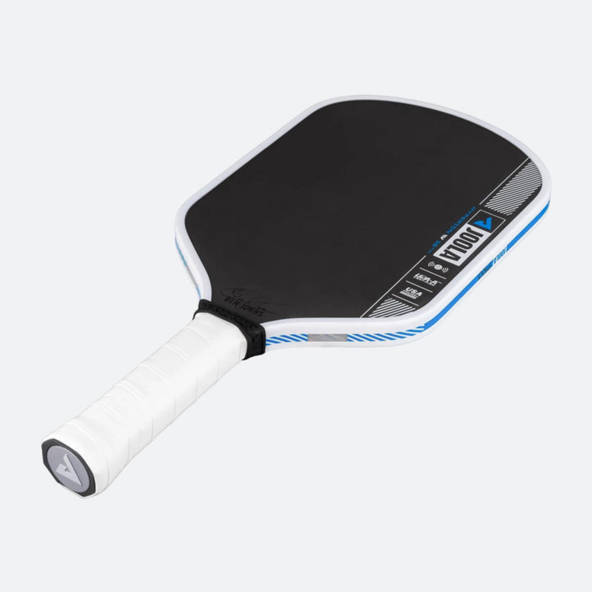 Pickleball paddle with black surface and white handle on a light gray background