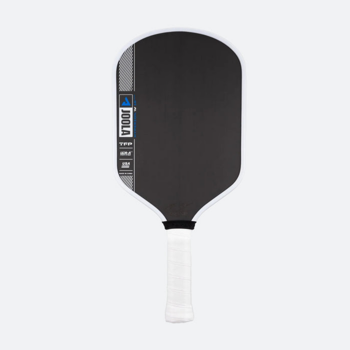 Black pickleball paddle with white handle on a light gray background
