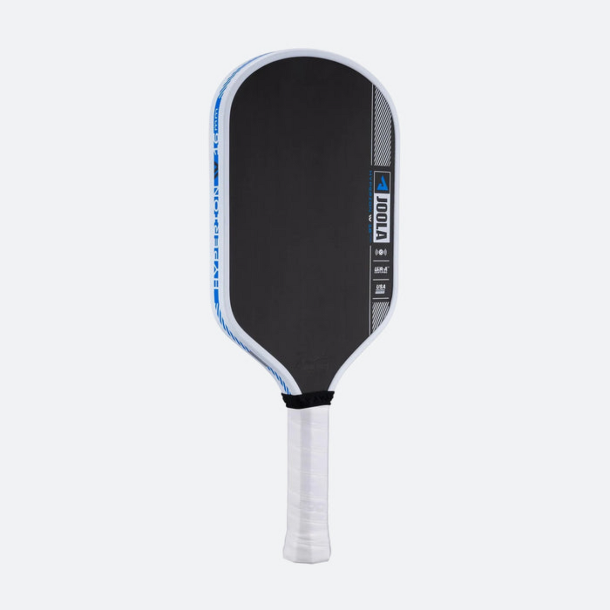 Pickleball paddle with black face and white handle on a light gray background
