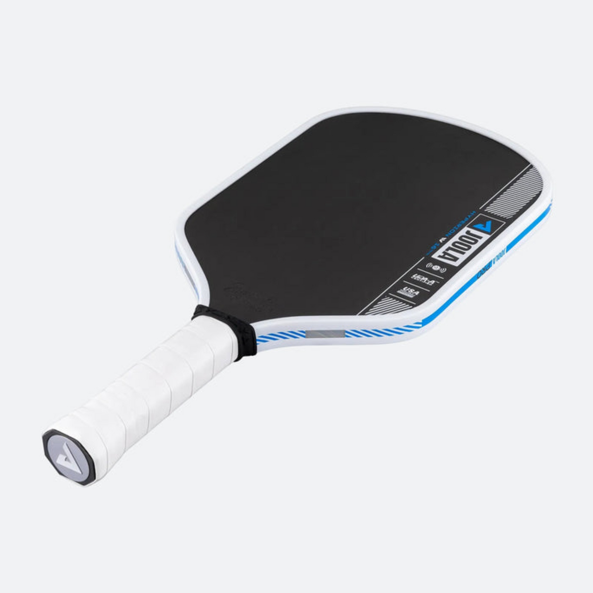 Pickleball paddle with black and blue design on a white background