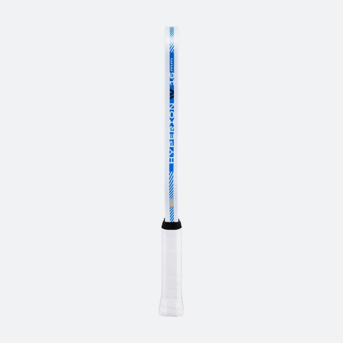 White and blue badminton racket on a white background