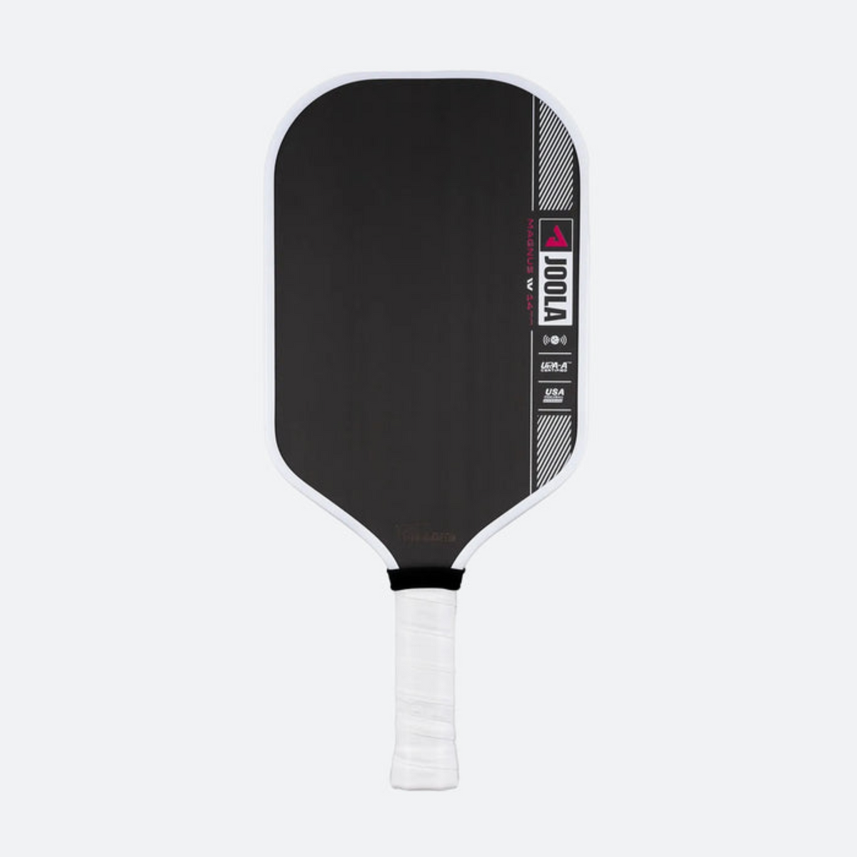 Black pickleball paddle with white handle on a light gray background