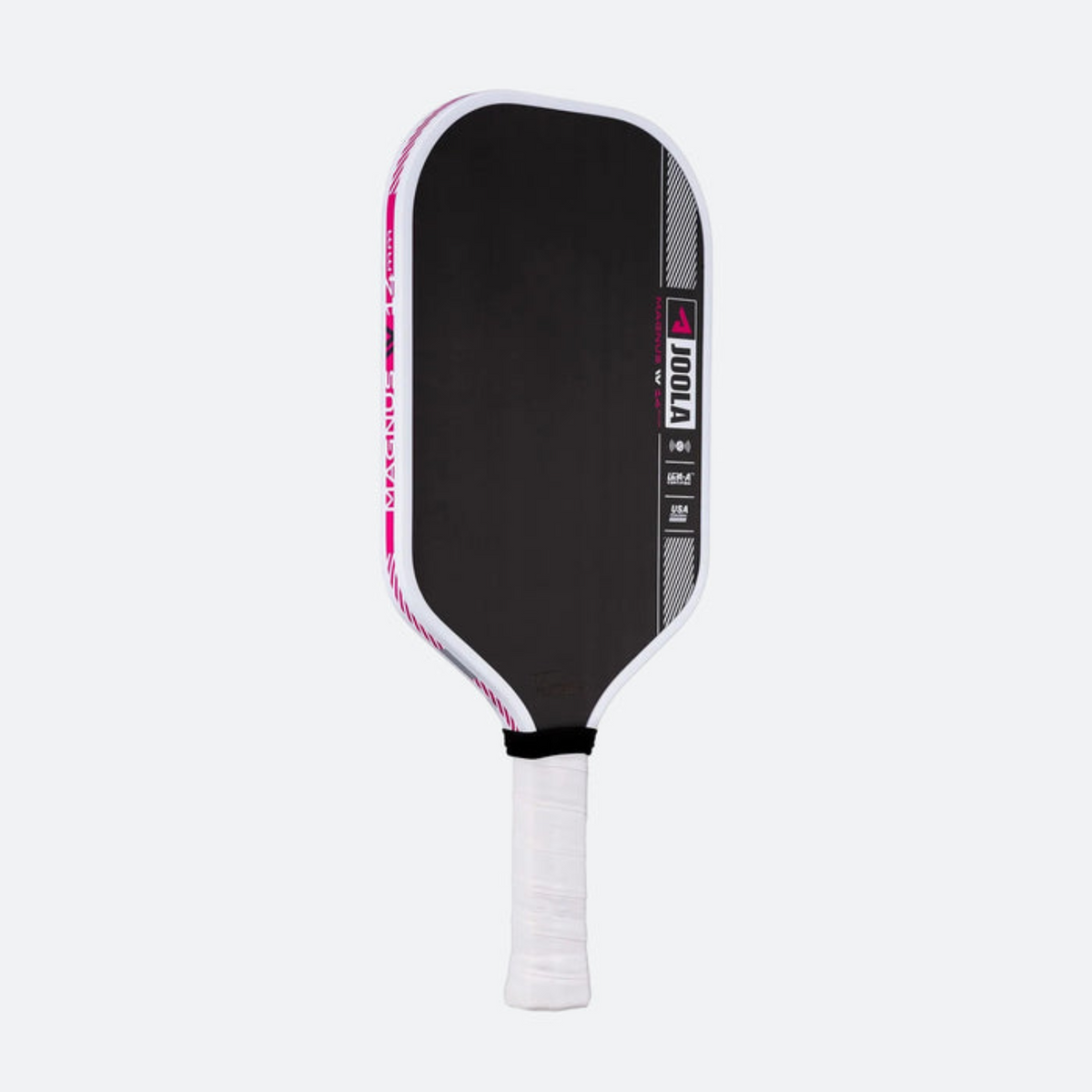 Black and white pickleball paddle with pink accents on a light gray background