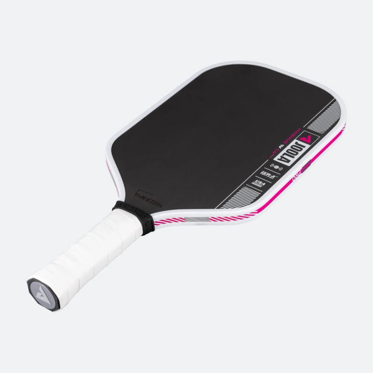 Pickleball paddle with black and white design on a light gray background