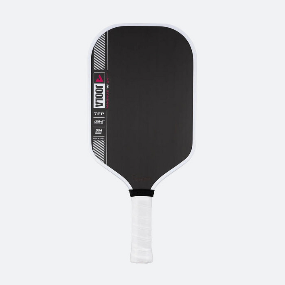 Black pickleball paddle with white handle on a white background