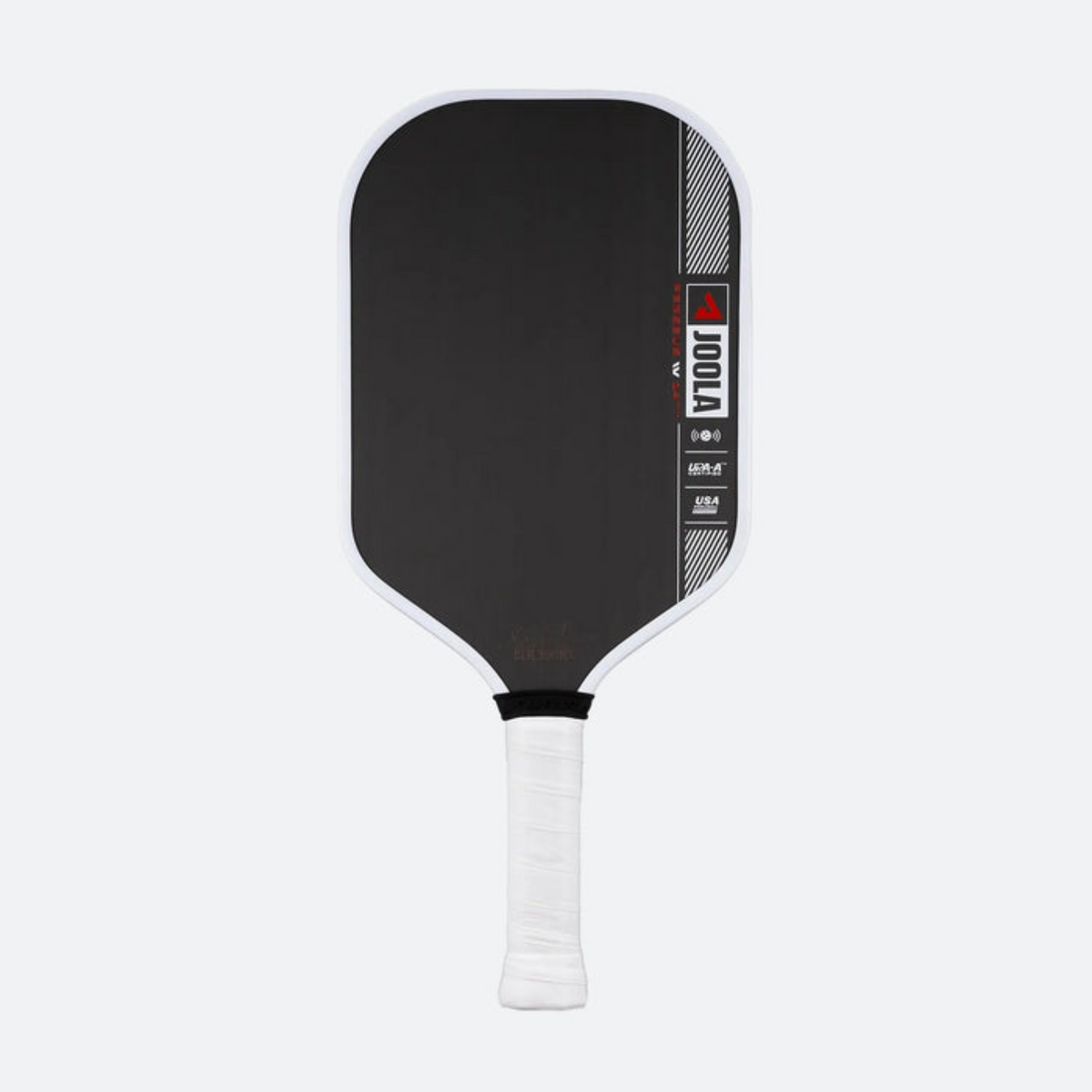 Black and white pickleball paddle with a brand logo on a light gray background
