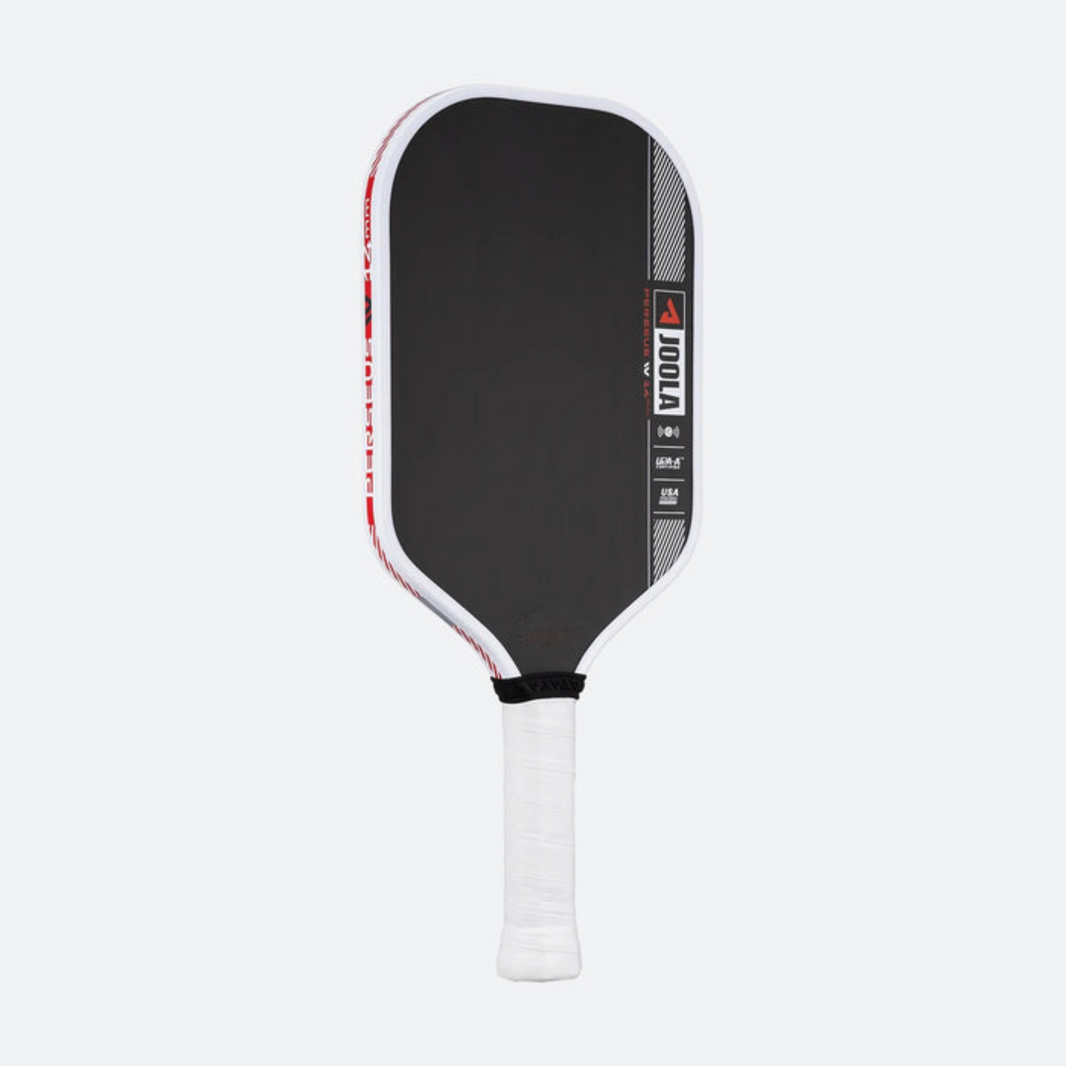 Pickleball paddle with black face and white handle on a light gray background