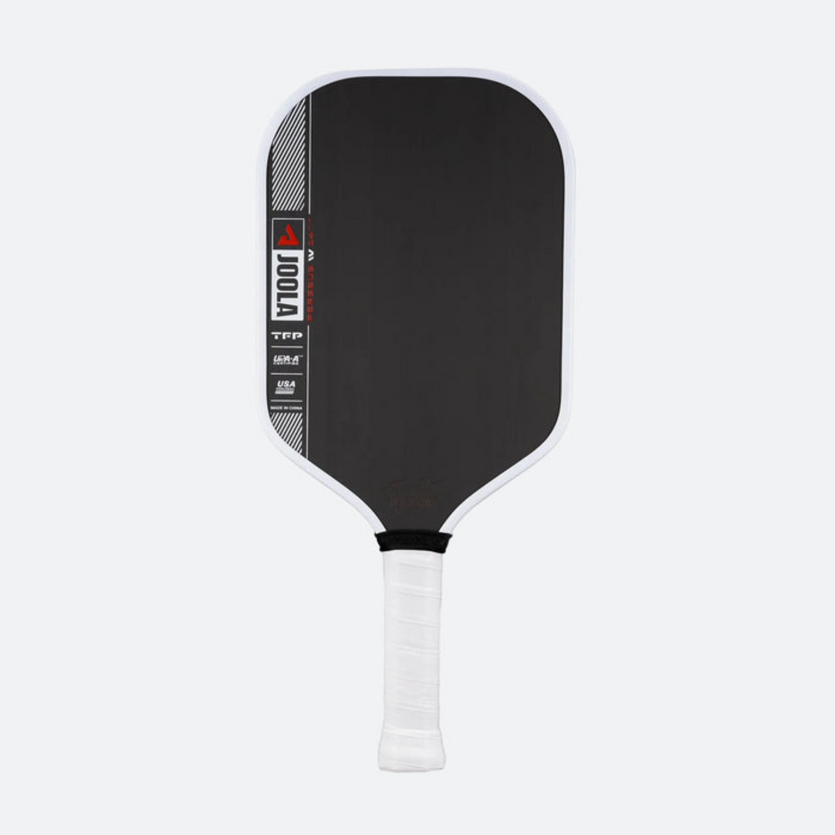 Black pickleball paddle with white handle on a light gray background