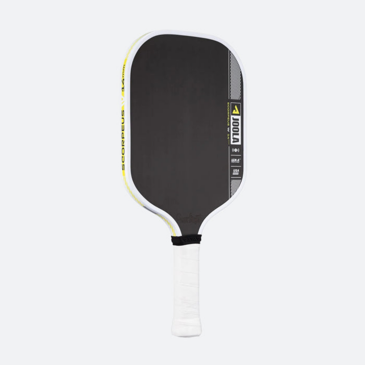 Pickleball paddle with black and white design on a white background