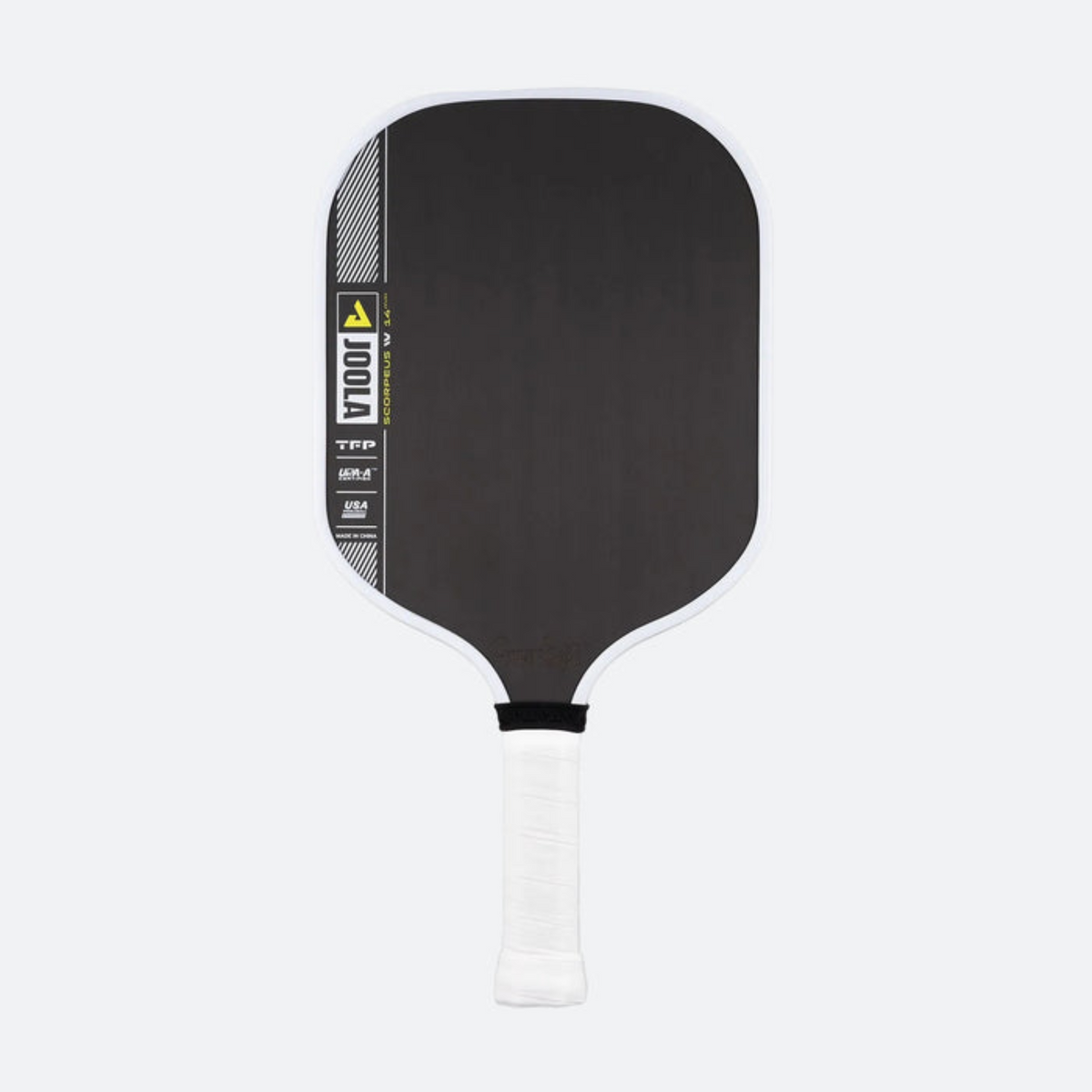 Black pickleball paddle with white handle on a light gray background