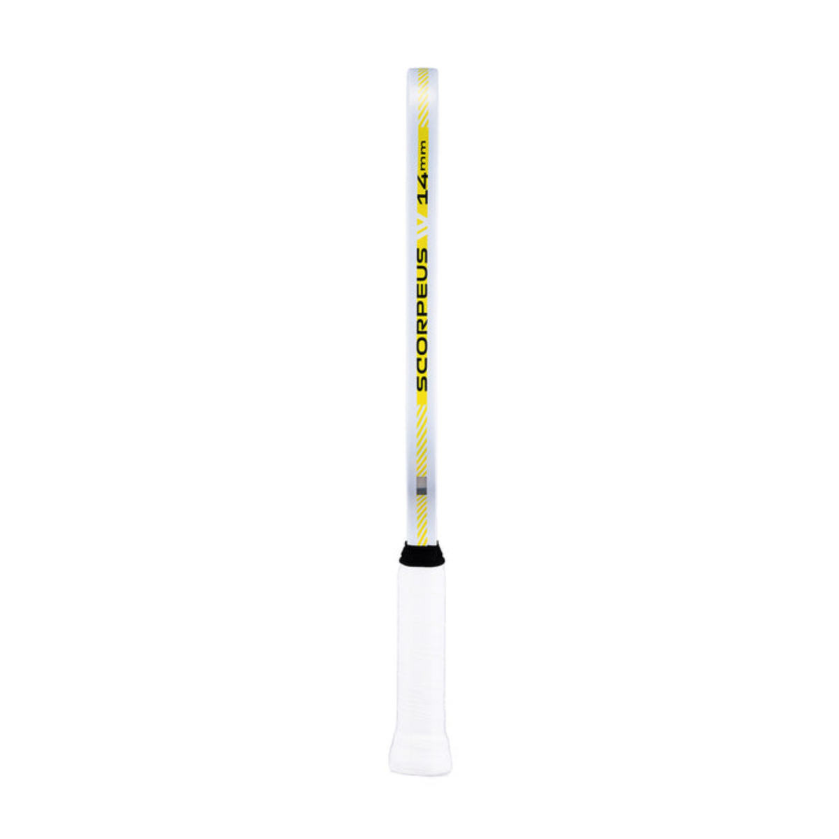 White and yellow tennis racket with 'Scorpio' branding on a white background