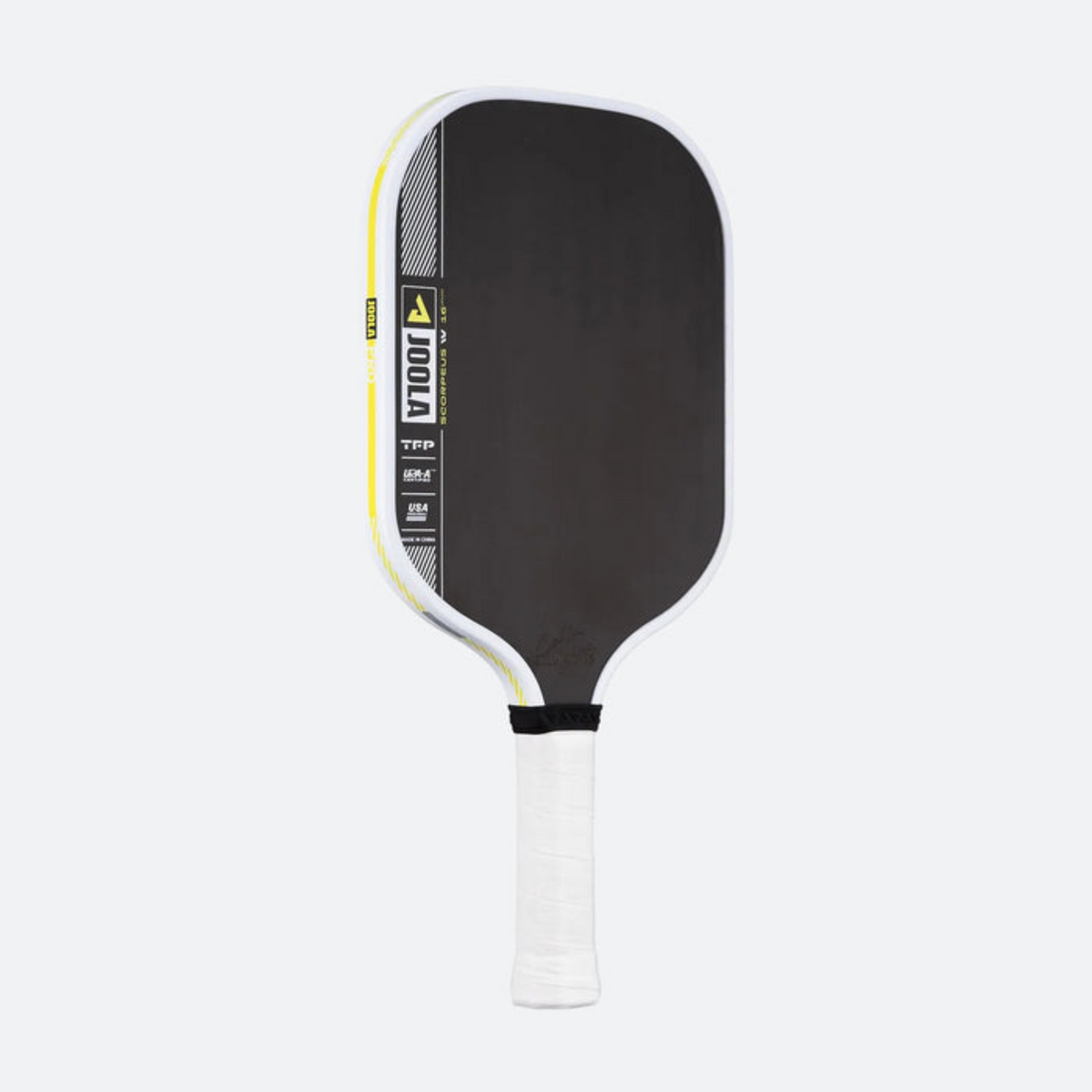 Black and white pickleball paddle with a brand logo on a light gray background