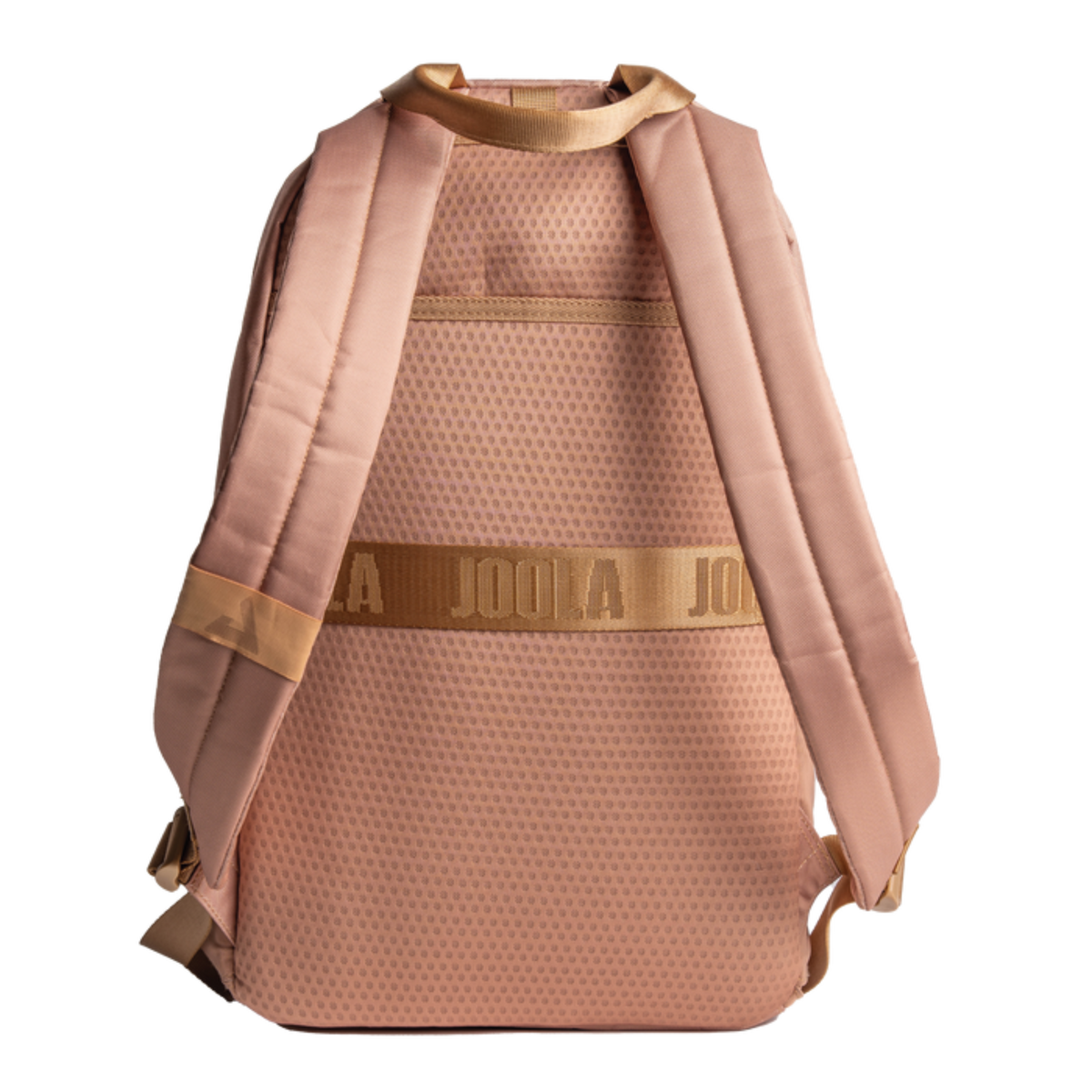 Pink backpack with gold accents on a white background