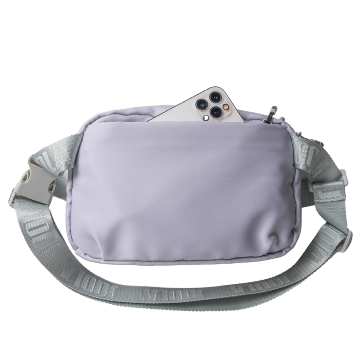 Light purple waist bag with a phone inside on a white background
