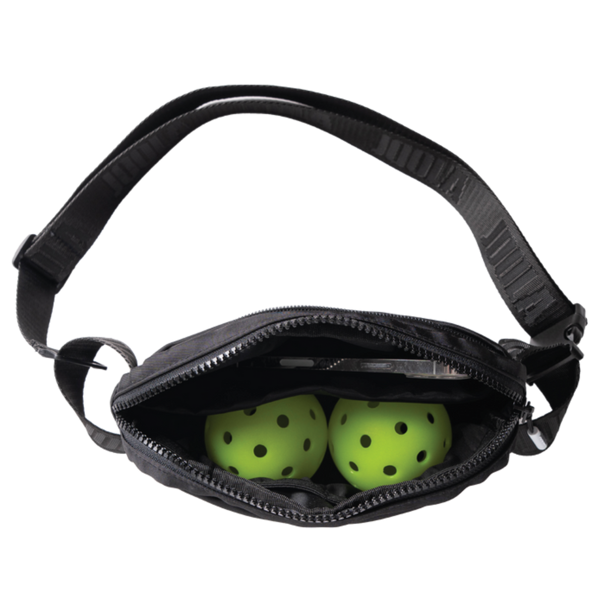 Black waist bag with green pickle balls on a white background