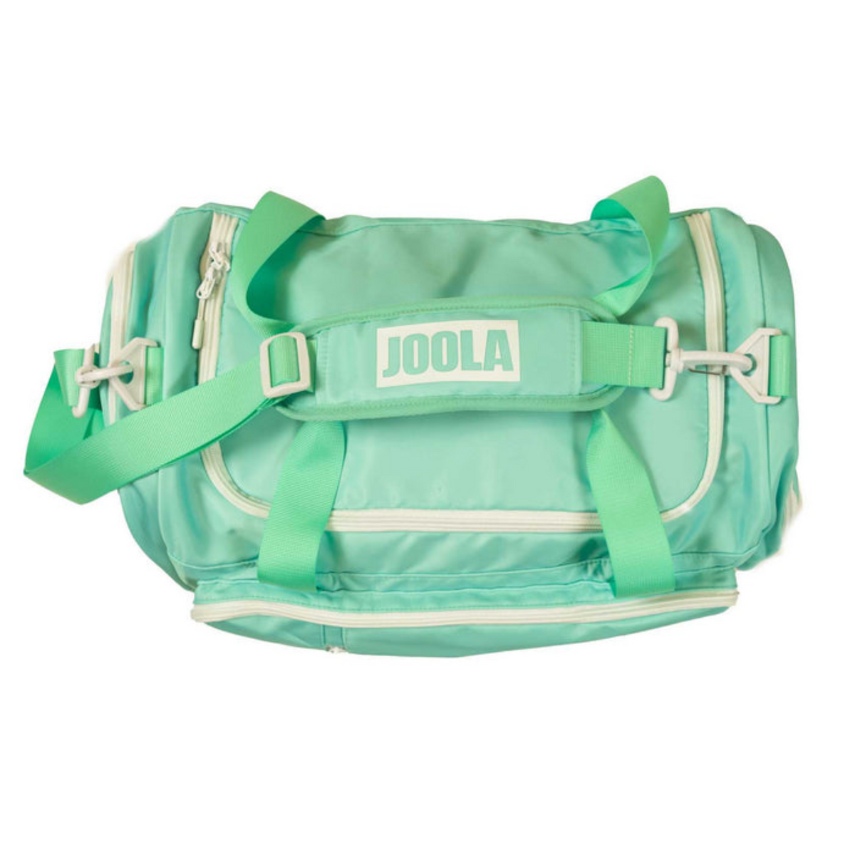 Green duffel bag with 'Joola' branding on a white background