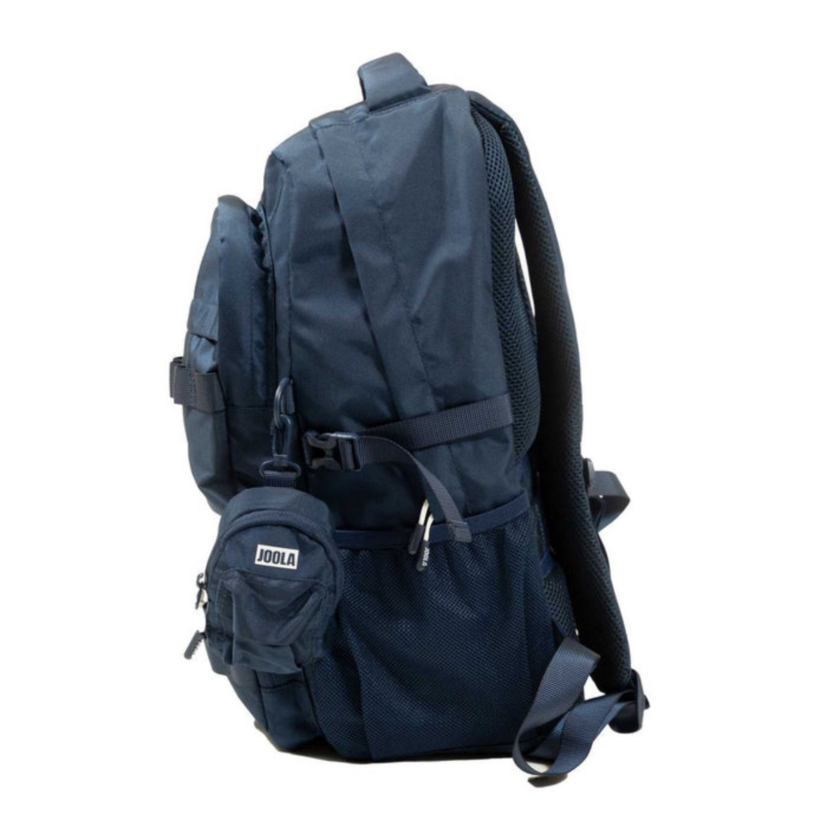 Navy blue backpack with multiple pockets and straps on a white background