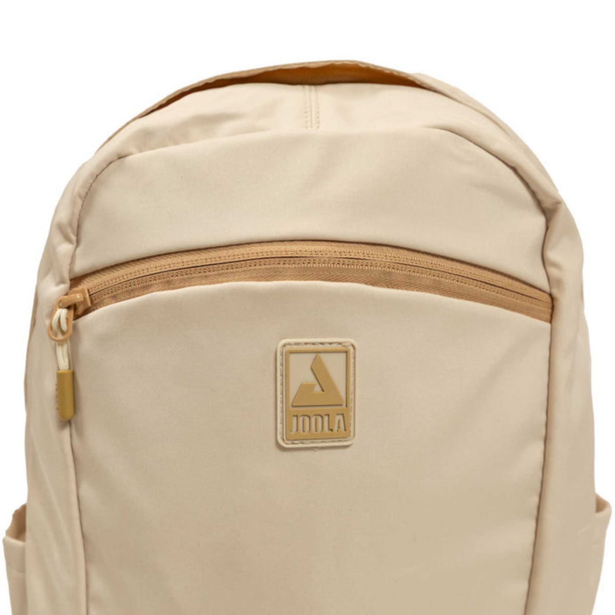 Beige backpack with a visible brand logo on a white background