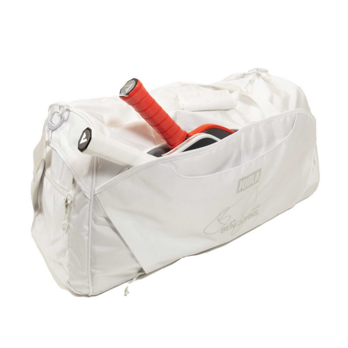 White sports bag with a tennis racket inside on a white background