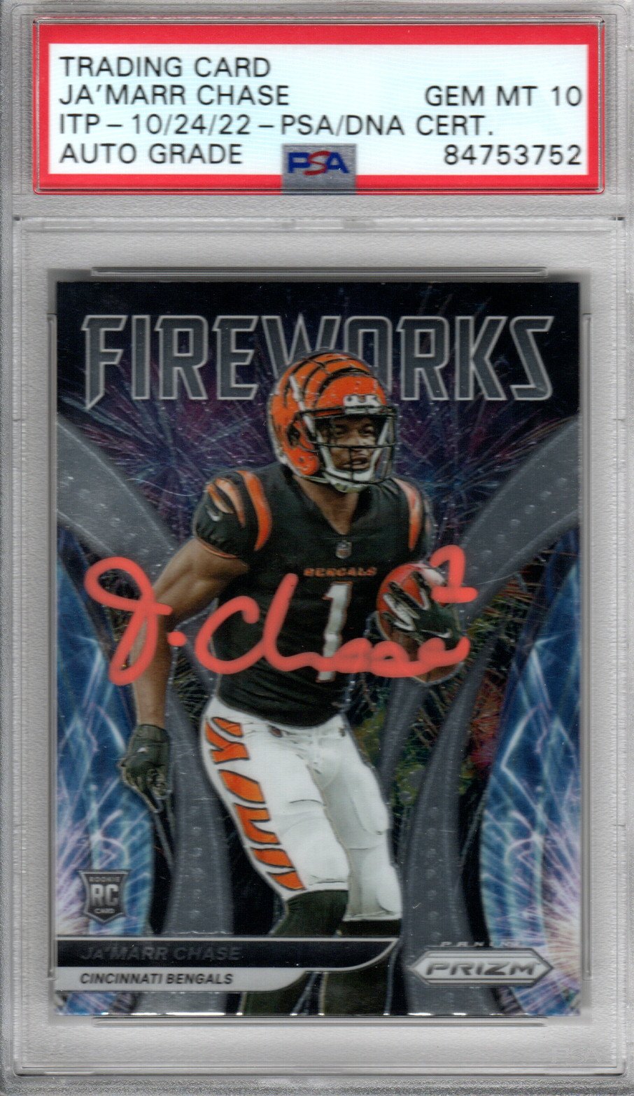 Ja'Marr Chase Cincinnati Bengals Autographed Encapsulated 2021 Panini Prizm No. F-11 Rookie Card PSA ITP GEM MT. 10