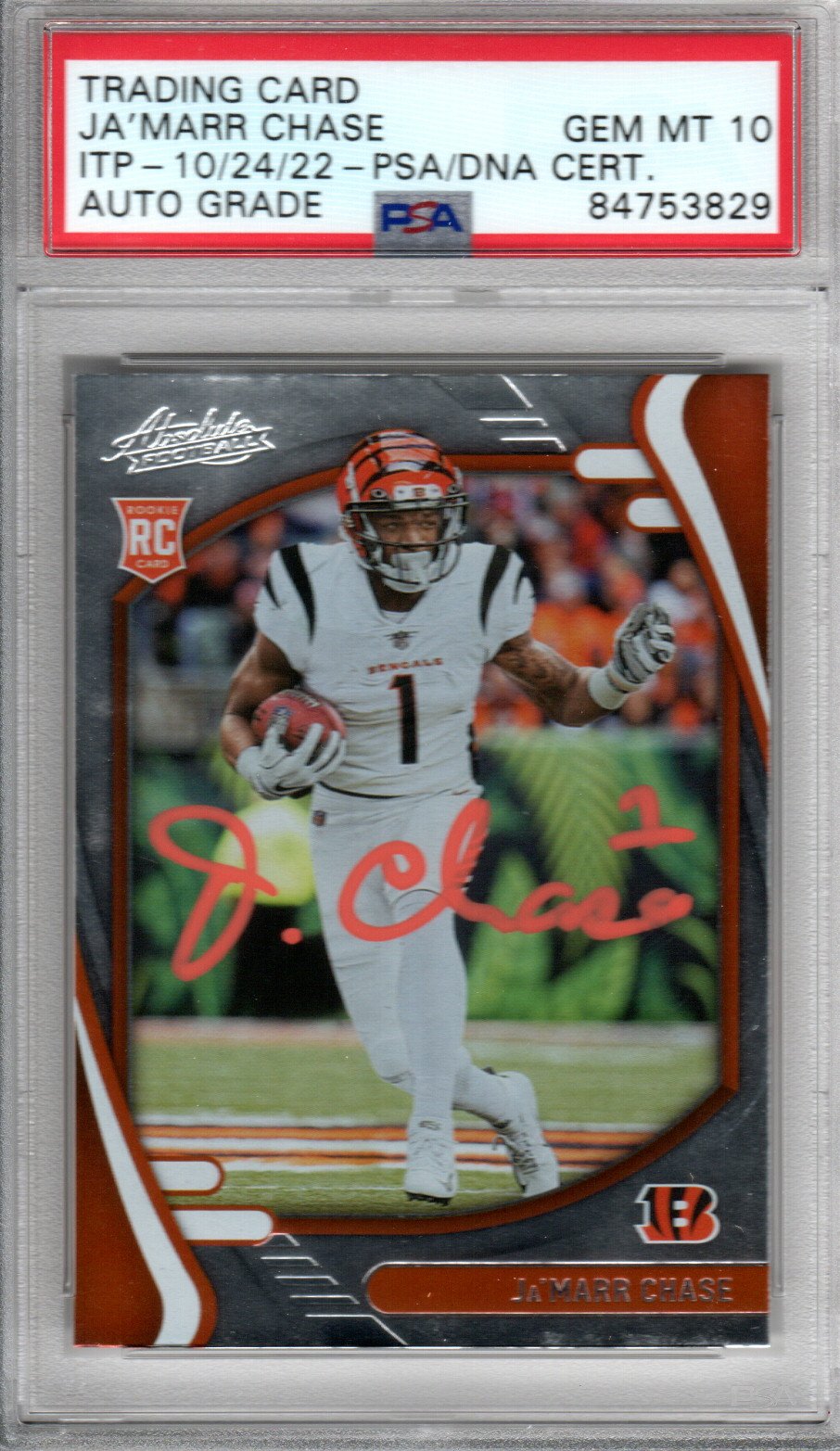 Ja'Marr Chase Cincinnati Bengals Autographed Encapsulated 2021 Panini Absolute No. 105 Rookie Card PSA ITP GEM MT. 10