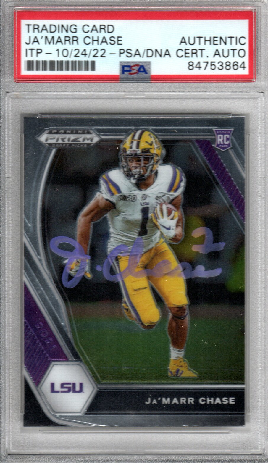Ja'Marr Chase Autographed LSU Encapsulated 2021 Panini Prizm Draft Picks No. 112 Rookie Trading Card PSA ITP