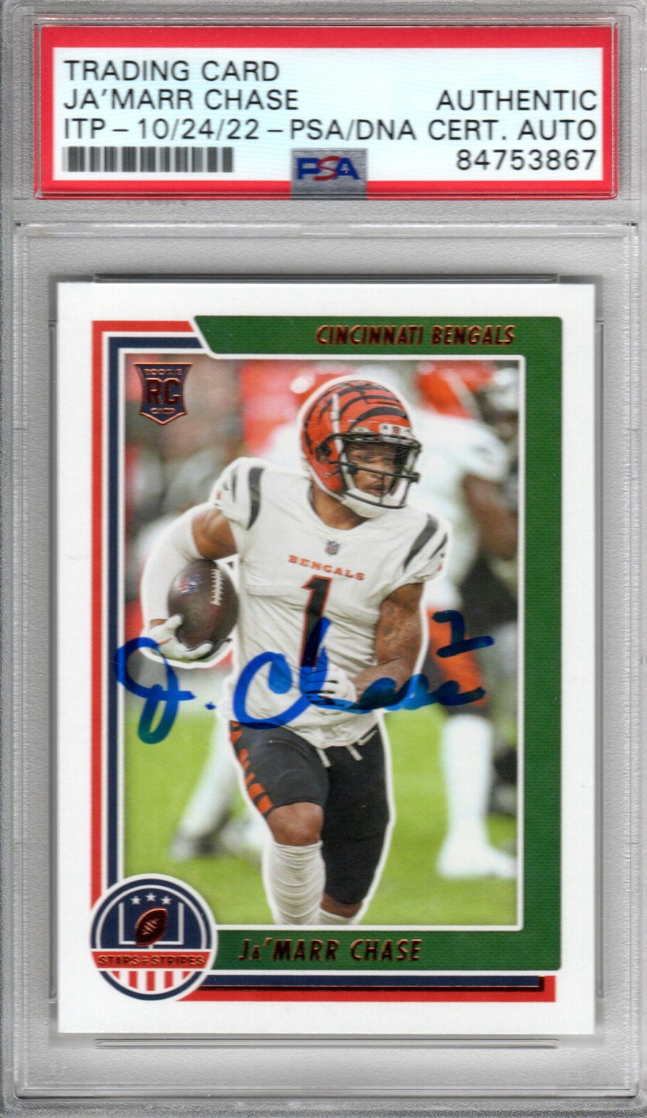 Ja'Marr Chase Autographed Cincinnati Bengals Encapsulated 2021 Panini Chronicles Stars & Stripes STS-JCH Rookie Card PSA ITP 84753867