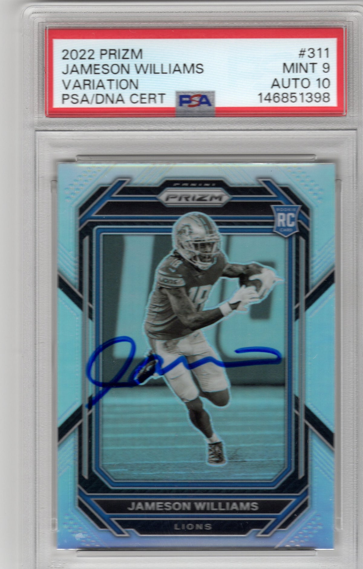 Jameson Williams Autographed Detroit Lions 2022 Panini Prizm Variation #311 Rookie Card PSA MINT 9 AUTO 10