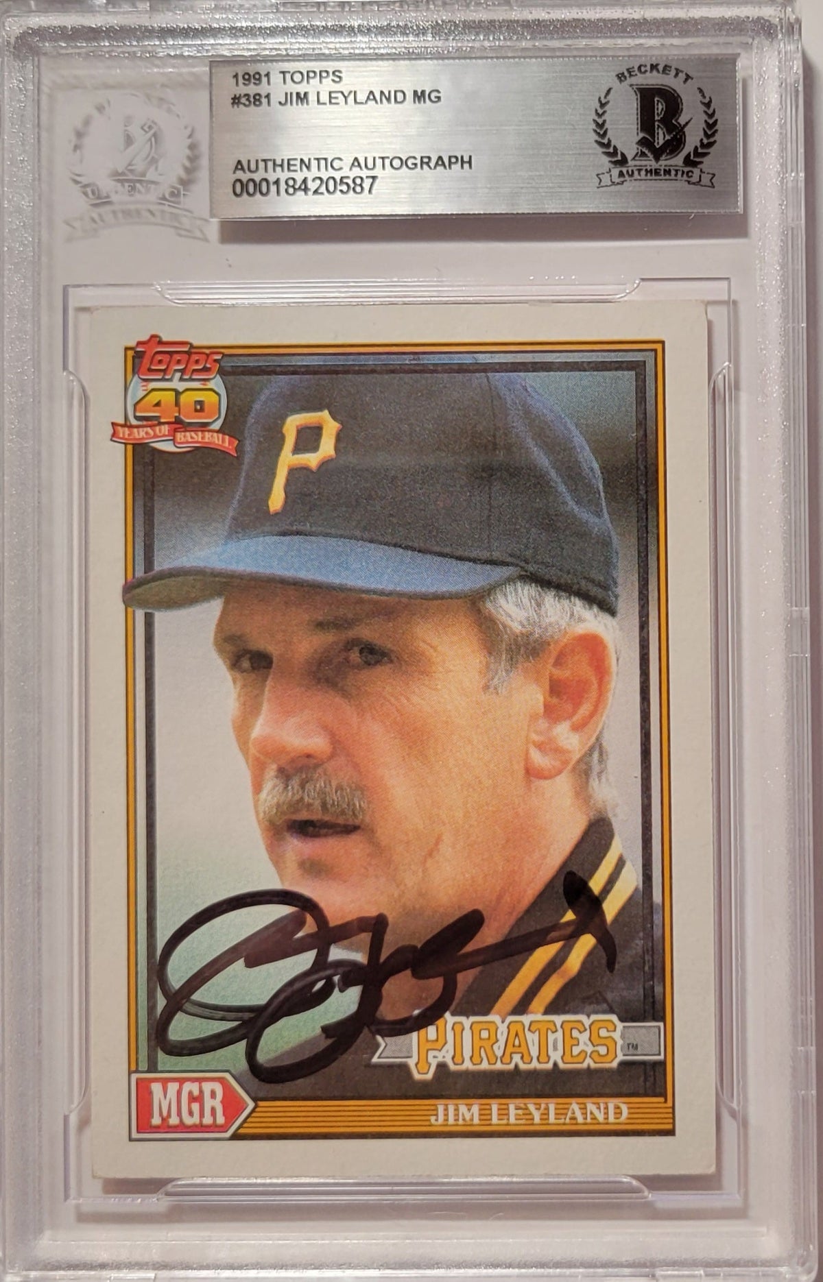 Jim Leyland Autographed Pittsburgh Pirates 1991 Topps #381 Trading Card Beckett Authenticated