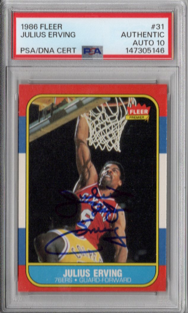 Julius Dr. J Erving Autographed Philadelphia 76ers 1986 Fleer Card #31 PSA AUTHENTIC AUTO 10